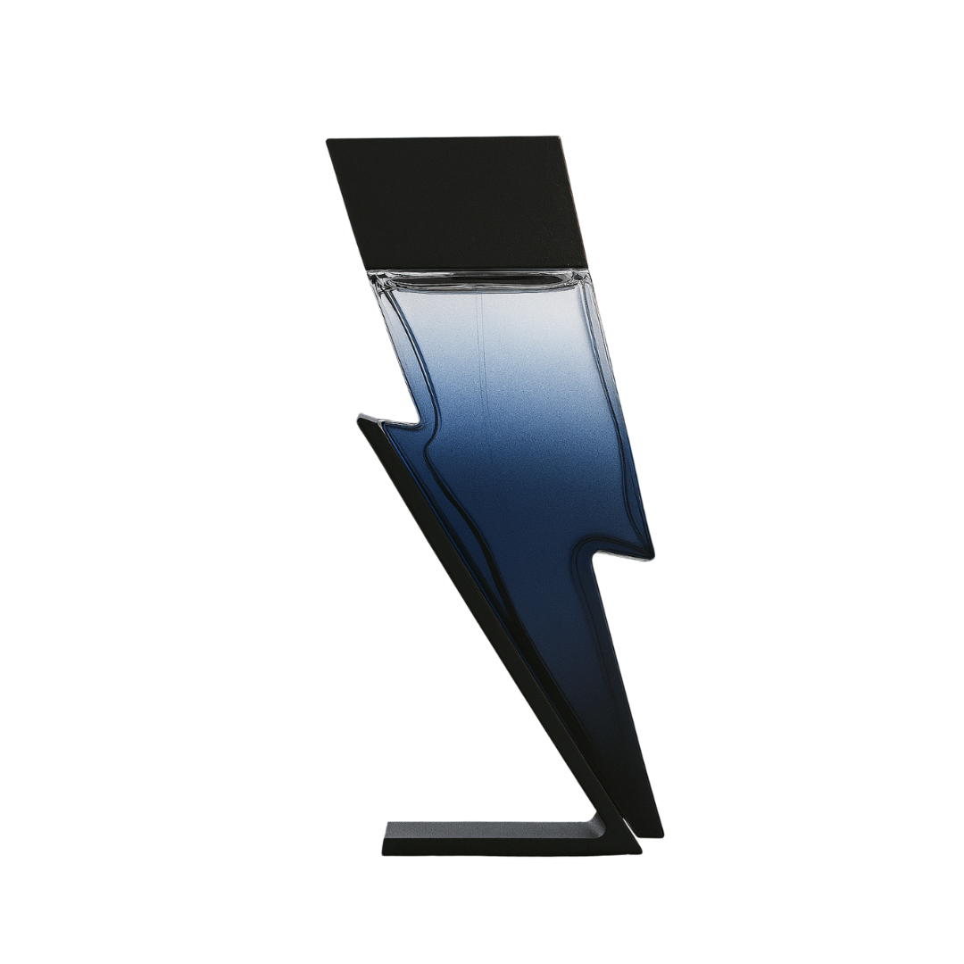 Striking lightning-bolt shaped bottle of Shockwave Intense EDP by Fragrance Emporium – bold design for men’s premium floral fragrance.

