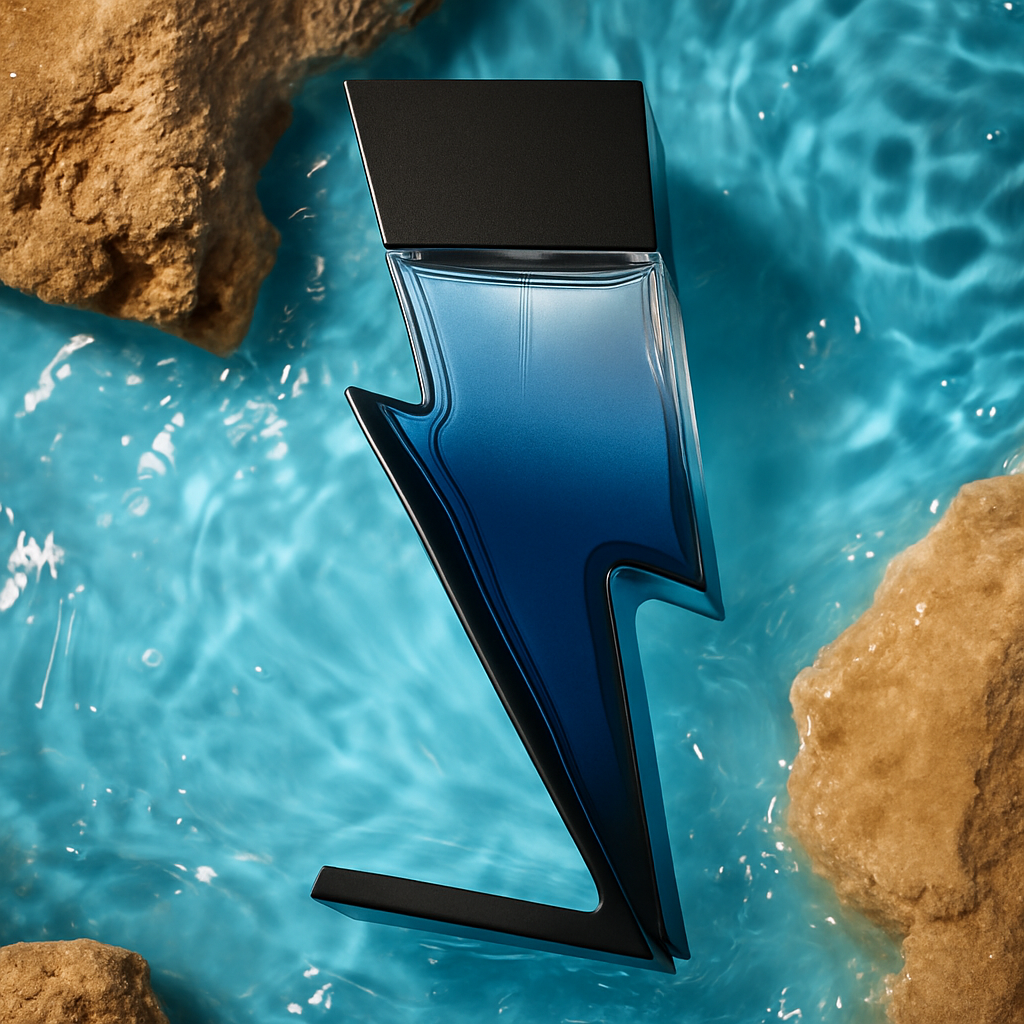 Lightning-bolt bottle of Shockwave Intense EDP placed over blue water and sand – premium artistic visual for Fragrance Emporium.

