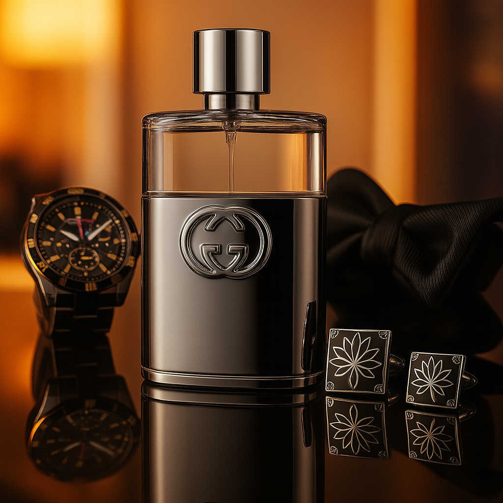 Silken Bond fragrance bottle by Fragrance Emporium surrounded by gold tones and accessories, symbolizing urban elegance and boldness

