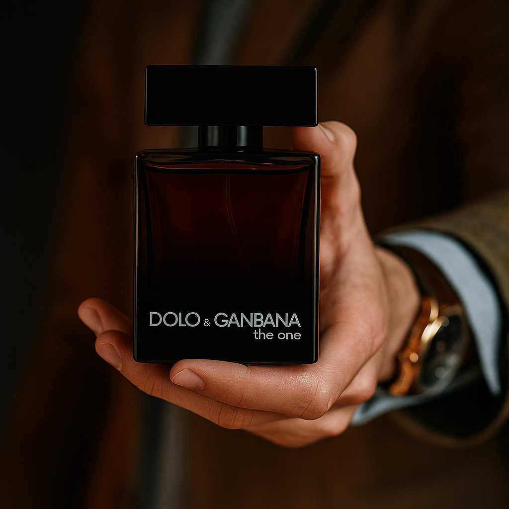 Close-up of hand holding The One Noir perfume bottle – modern and masculine lifestyle branding by Fragrance Emporium.

