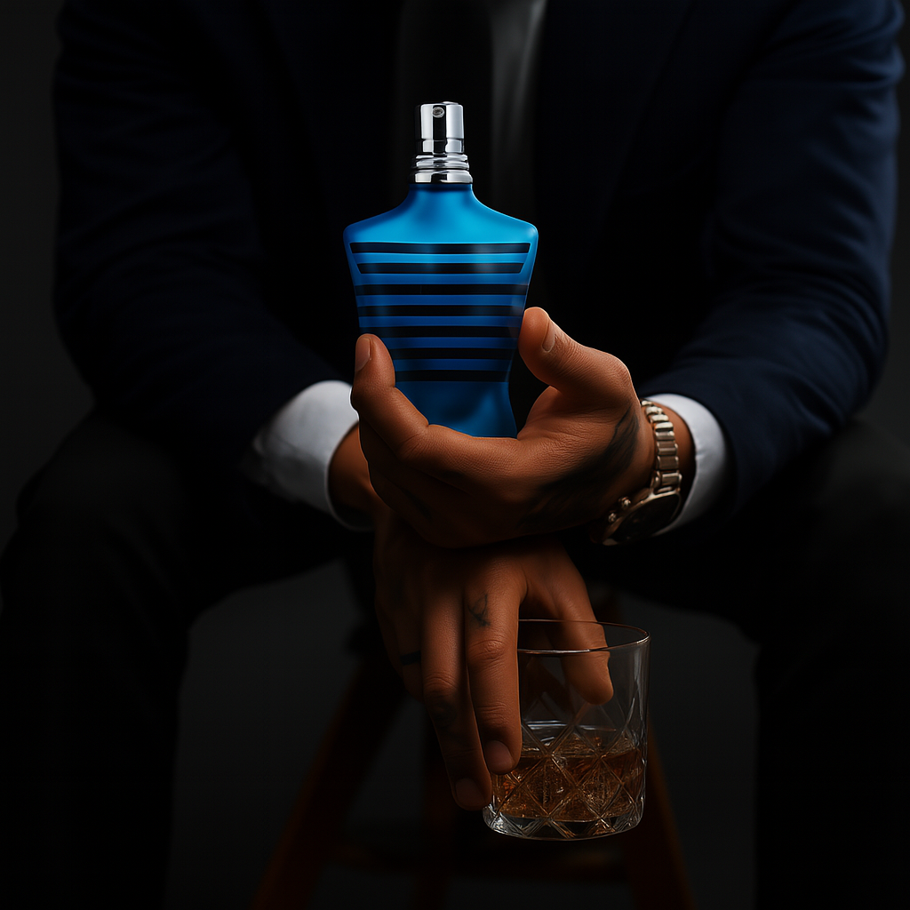 Man in a dark suit confidently holding Titan Bleu Magnetic Force EDP by Fragrance Emporium, embodying strength and modern charm


