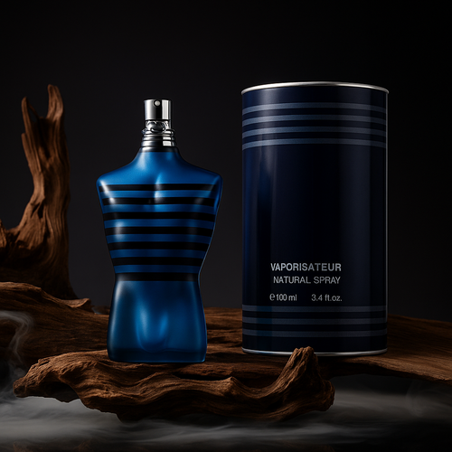 Titan Bleu cologne bottle and matching tin canister by Fragrance Emporium in a moody setting, emphasizing rugged luxury and detail

