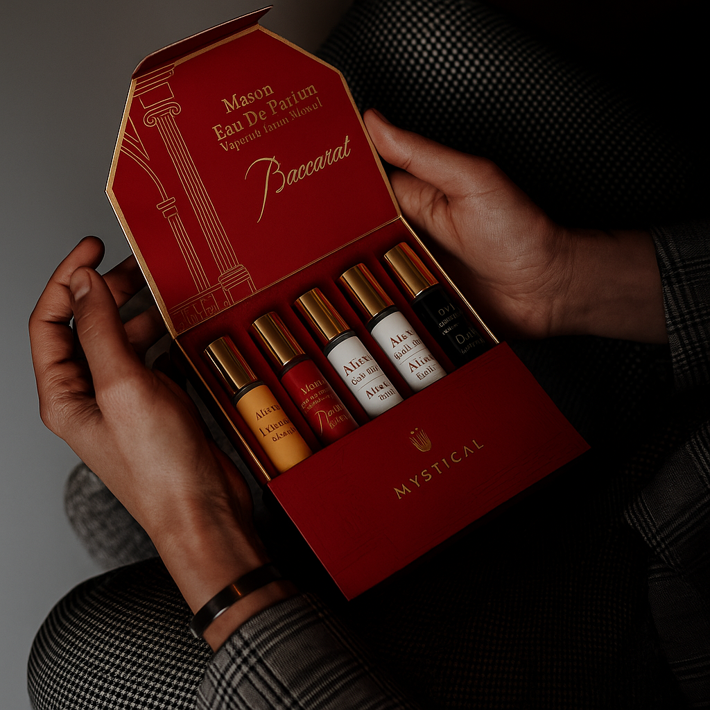 Hands opening the Mystic Bloom fragrance gift box by Fragrance Emporium – artisan packaging ideal for gifting or travel fragrances.

