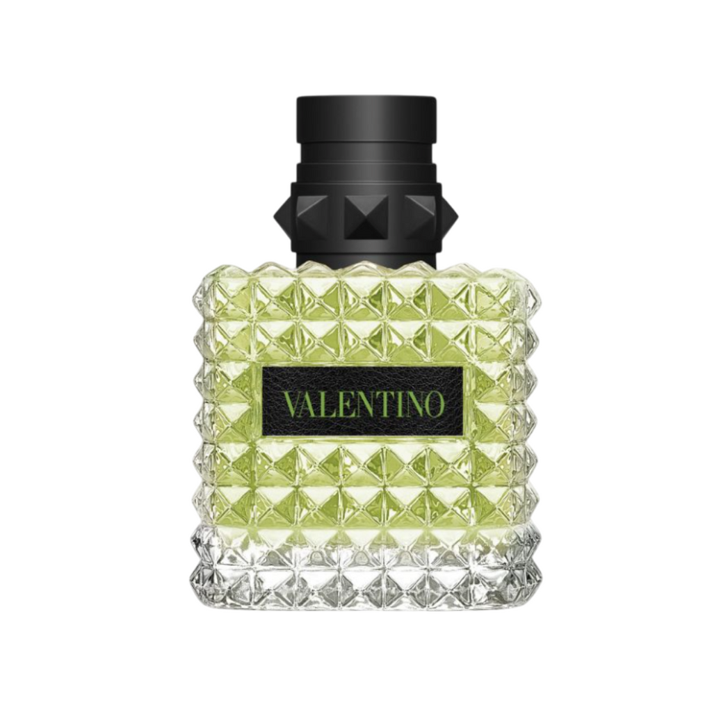 Fragrance Emporium – Valentino Donna Born in Roma Green Stravaganza Eau de Parfum, studded bottle with luminous green juice. A bold floral-green women’s fragrance with tea, jasmine, and musk.