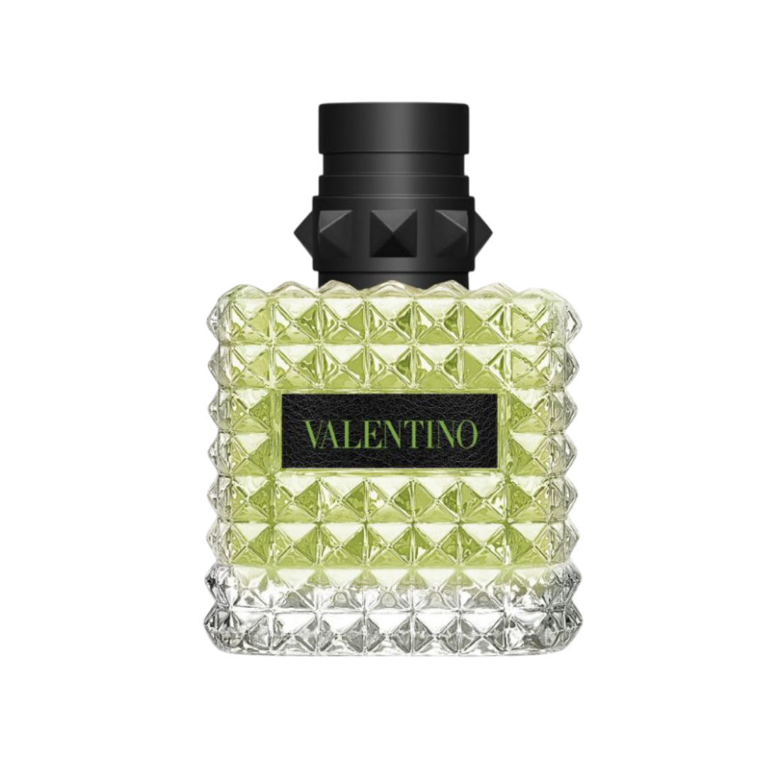 Fragrance Emporium – Valentino Donna Born in Roma Green Stravaganza Eau de Parfum, studded bottle with luminous green juice. A bold floral-green women’s fragrance with tea, jasmine, and musk.