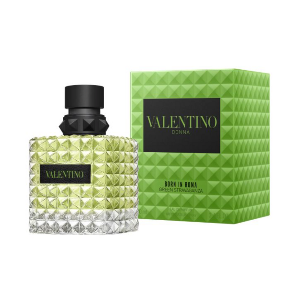 Fragrance Emporium – Valentino Donna Born in Roma Green Stravaganza Eau de Parfum bottle with packaging box, showcasing vibrant green design. A daring and modern women’s fragrance with citrus, orange blossom, and musk.