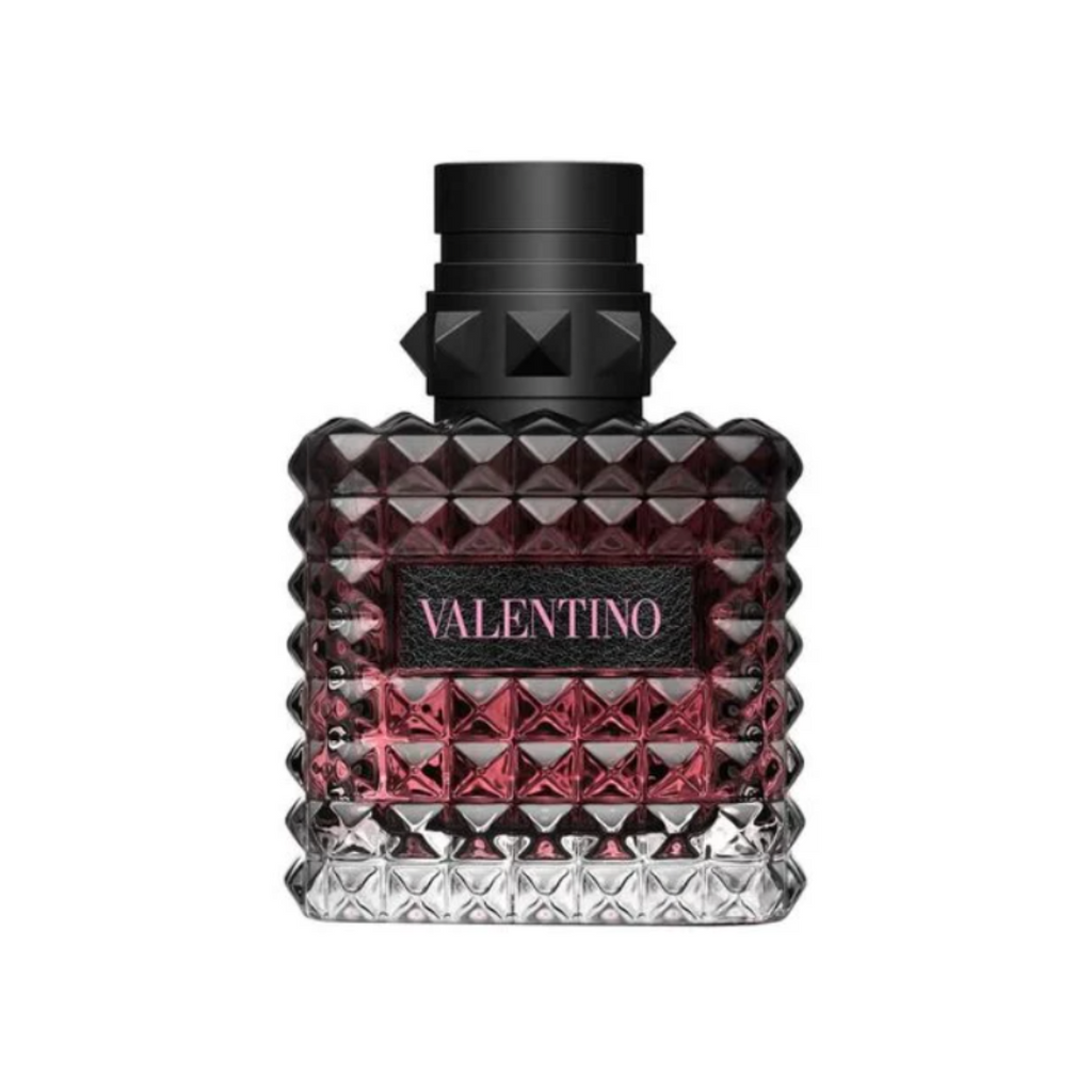 Fragrance Emporium – Valentino Donna Born in Roma Intense Eau de Parfum, elegant studded bottle in black and deep pink. A bold women’s fragrance with blackcurrant, jasmine, and bourbon vanilla.