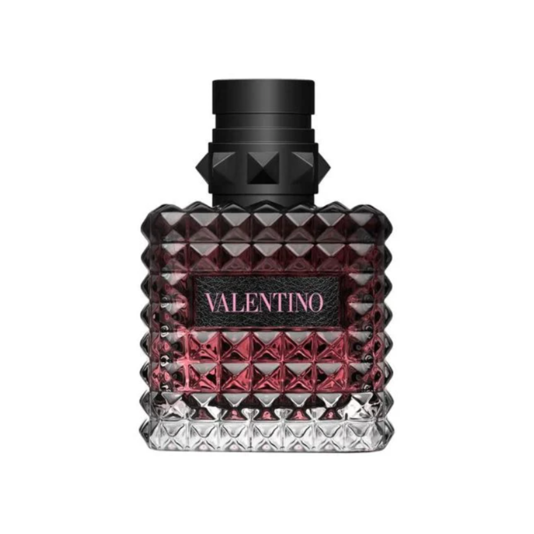 Fragrance Emporium – Valentino Donna Born in Roma Intense Eau de Parfum, elegant studded bottle in black and deep pink. A bold women’s fragrance with blackcurrant, jasmine, and bourbon vanilla.