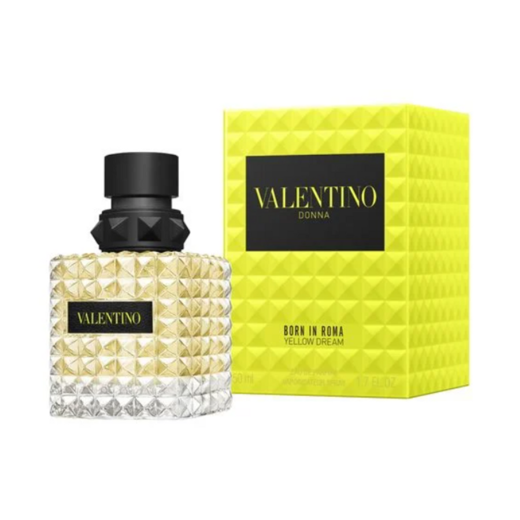 Fragrance Emporium – Valentino Donna Born in Roma Yellow Dream Eau de Parfum bottle with its yellow packaging box, showcasing modern design and premium presentation.