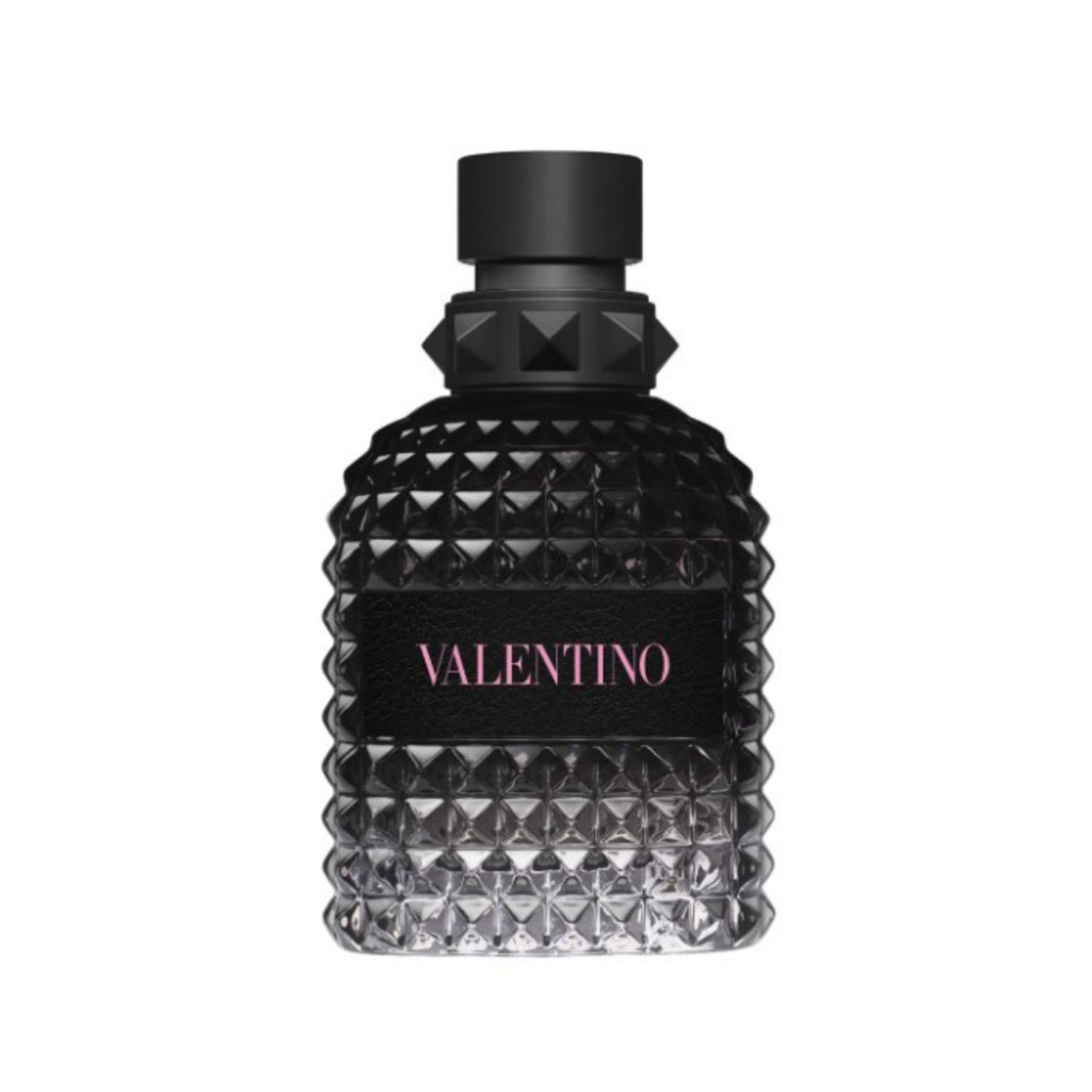 Fragrance Emporium – Valentino Uomo Born in Roma Eau de Toilette, black studded bottle design. A bold men’s fragrance with violet leaf, ginger, and vetiver.