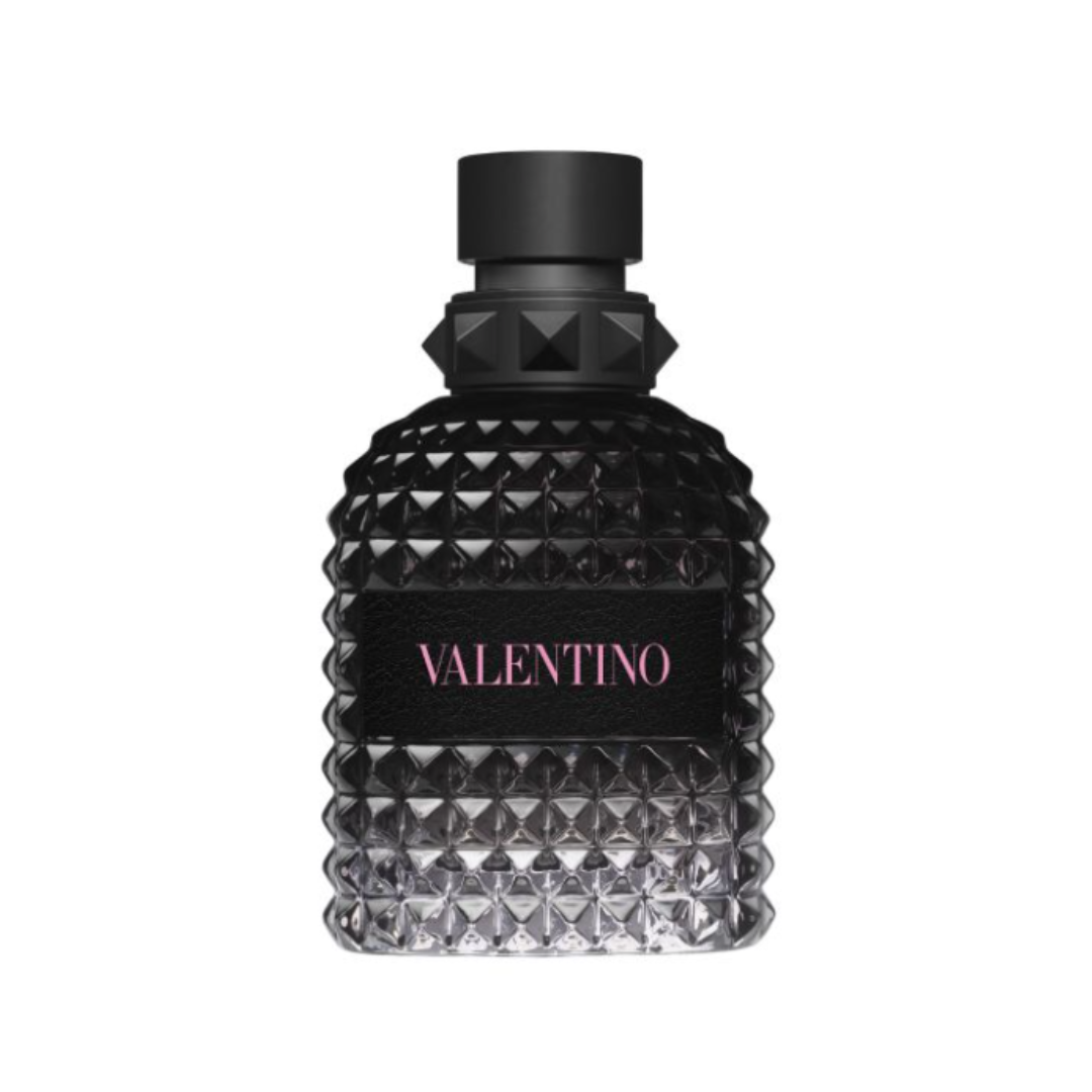 Fragrance Emporium – Valentino Uomo Born in Roma Eau de Toilette, black studded bottle design. A bold men’s fragrance with violet leaf, ginger, and vetiver.