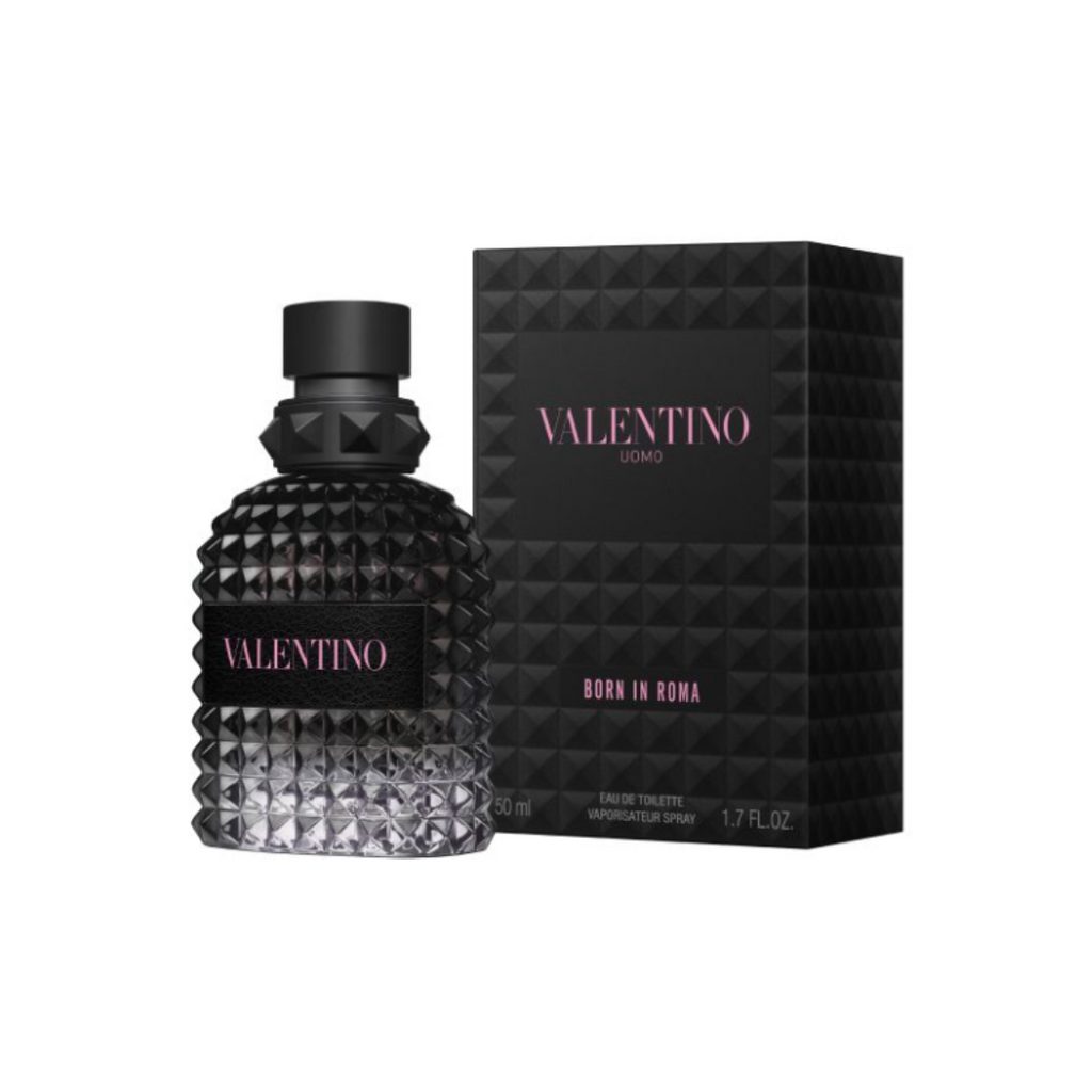 Fragrance Emporium – Valentino Uomo Born in Roma Eau de Toilette bottle with packaging box, showcasing luxury presentation of this woody spicy fragrance for men.