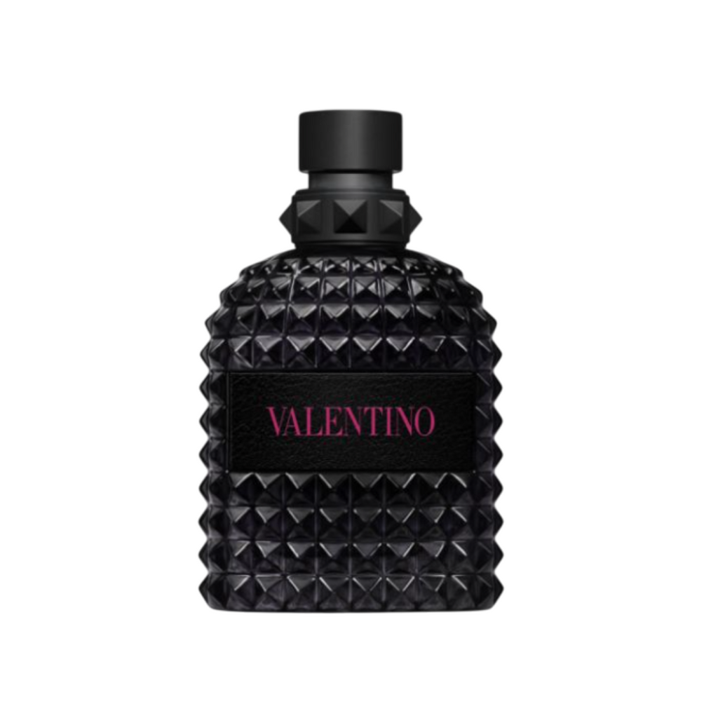 Fragrance Emporium – Valentino Uomo Born in Roma Extrados Eau de Parfum, bold studded black bottle with red accents. A powerful men’s fragrance with spicy, lavender, and woody notes.