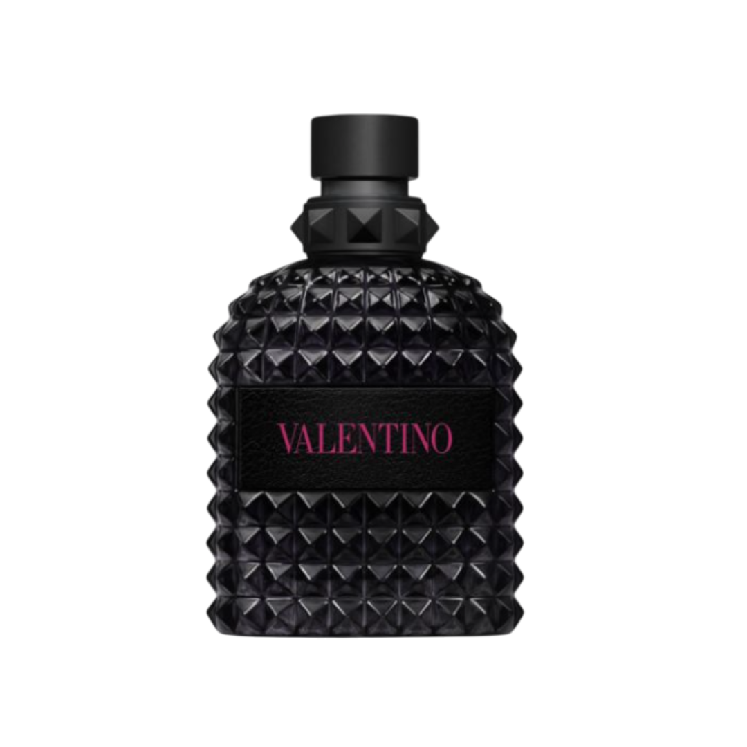 Fragrance Emporium – Valentino Uomo Born in Roma Extrados Eau de Parfum, bold studded black bottle with red accents. A powerful men’s fragrance with spicy, lavender, and woody notes.