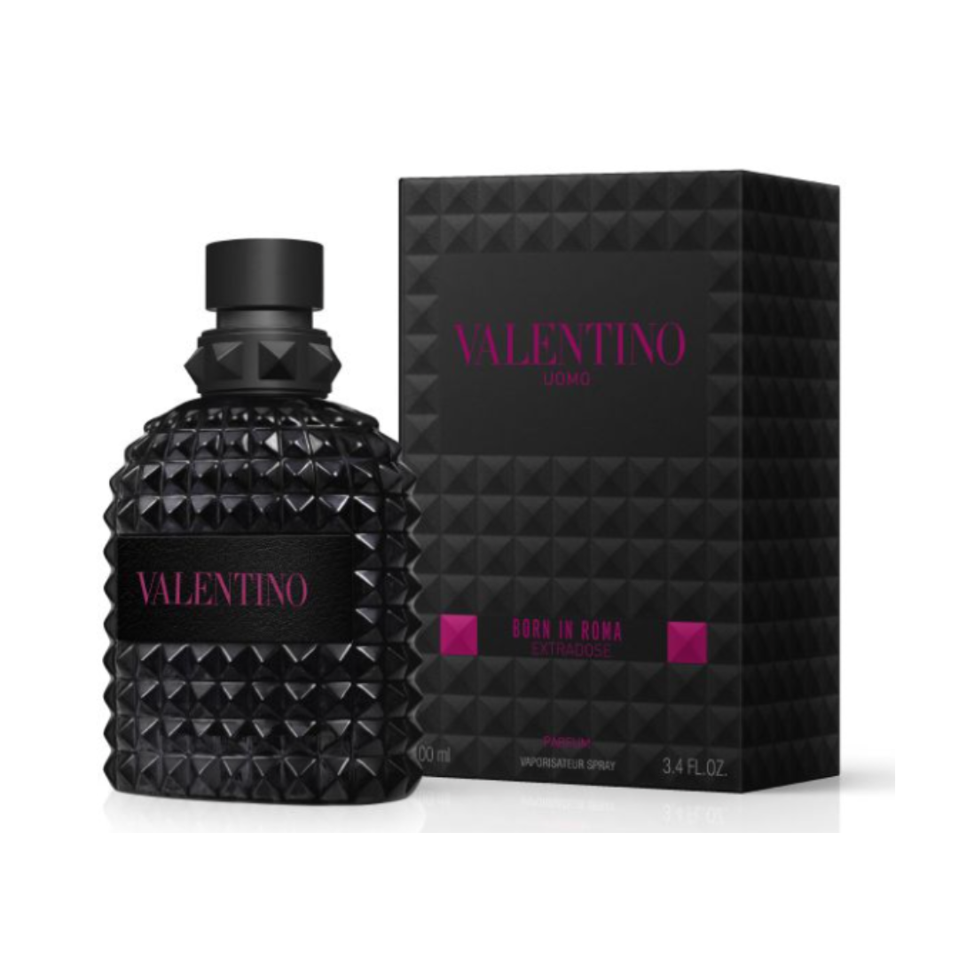 Fragrance Emporium – Valentino Uomo Born in Roma Extrados Eau de Parfum bottle with luxury box packaging. A sleek and masculine fragrance with spicy, lavender, and woody accords.
