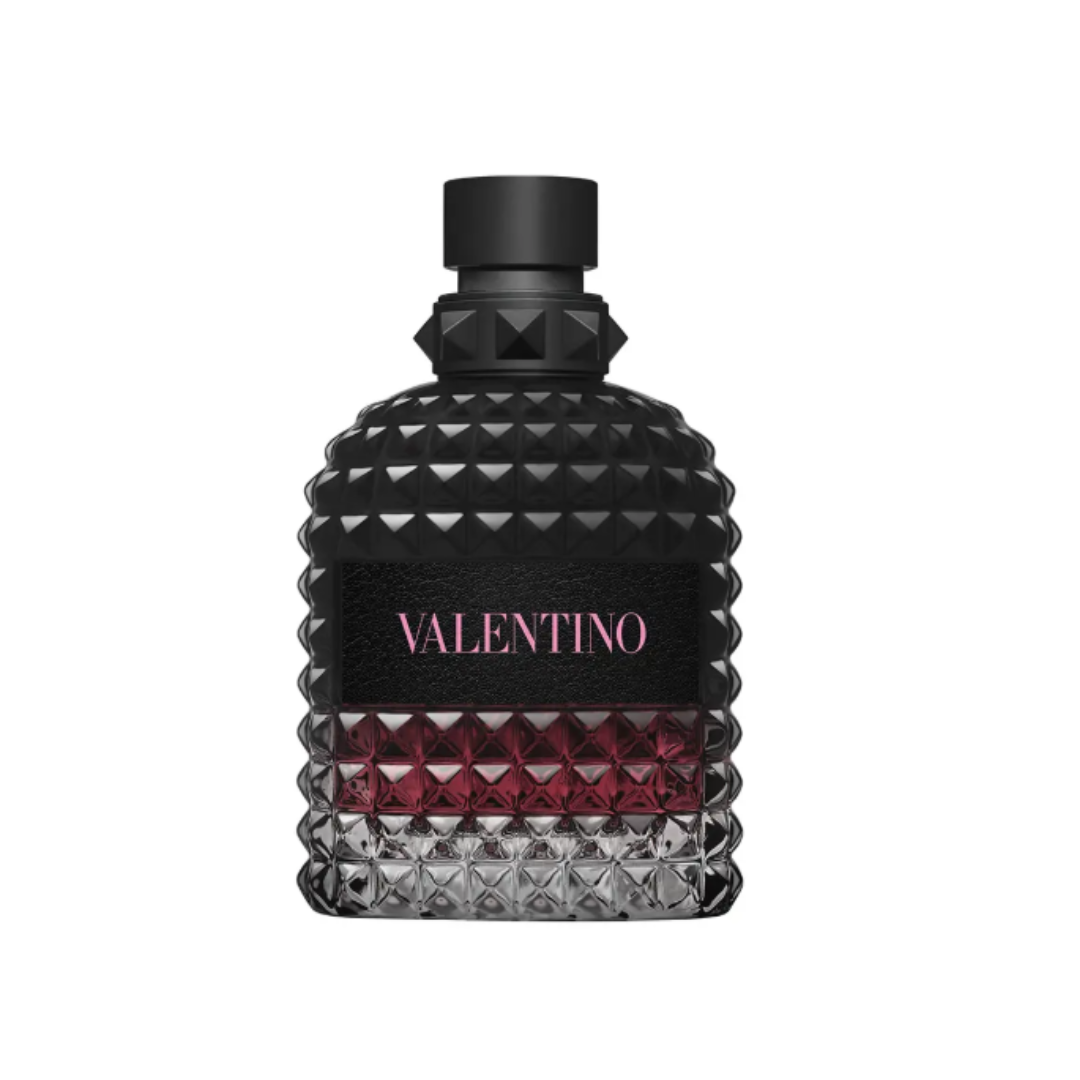 Fragrance Emporium – Valentino Uomo Born in Roma Intense Eau de Parfum, bold studded black bottle with red detail. A seductive men’s fragrance with vanilla bourbon, lavender, and smoked vetiver.