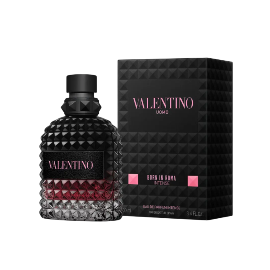 Fragrance Emporium – Valentino Uomo Born in Roma Intense Eau de Parfum bottle with luxury box packaging. A warm and sensual fragrance for men with vanilla and vetiver.