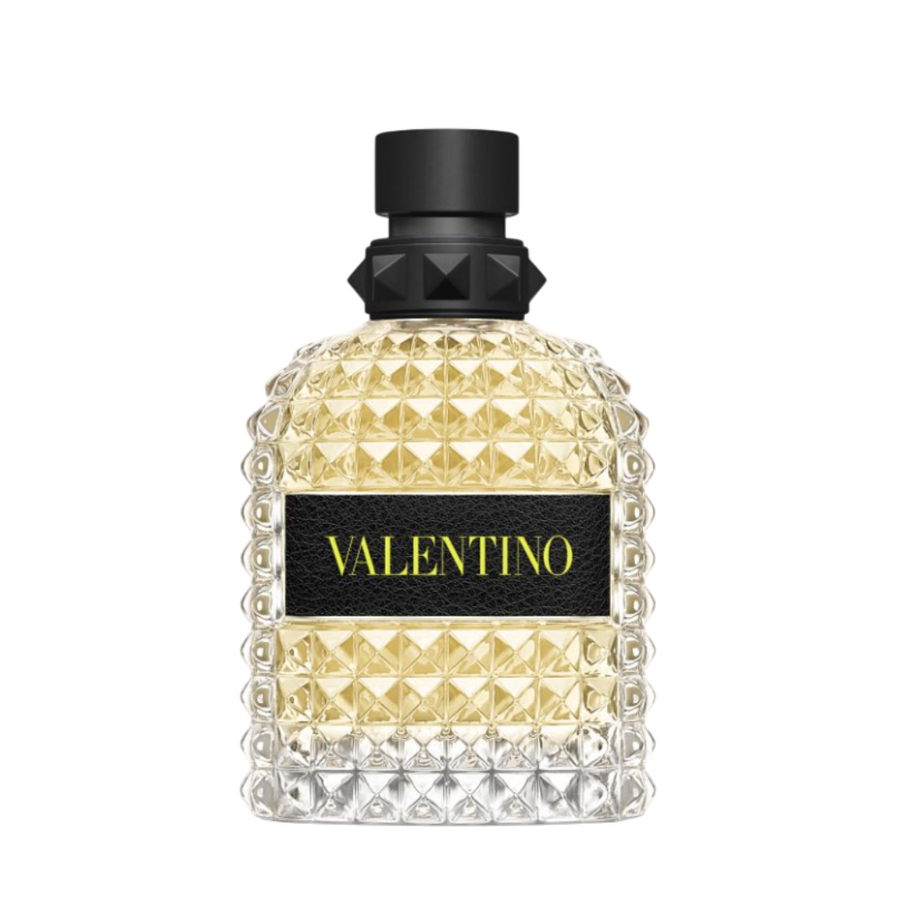 Fragrance Emporium – Valentino Uomo Born in Roma Yellow Dream Eau de Toilette, elegant studded bottle with golden yellow juice. A fresh men’s fragrance with lemon, rose, and cedar.