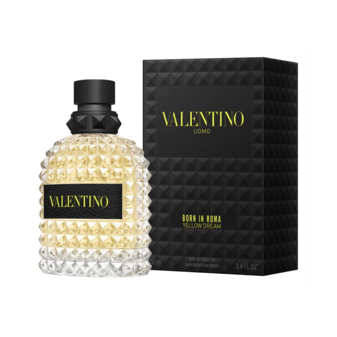 Fragrance Emporium – Valentino Uomo Born in Roma Yellow Dream Eau de Toilette bottle with packaging box, showcasing modern design of this citrus amber fragrance for men.