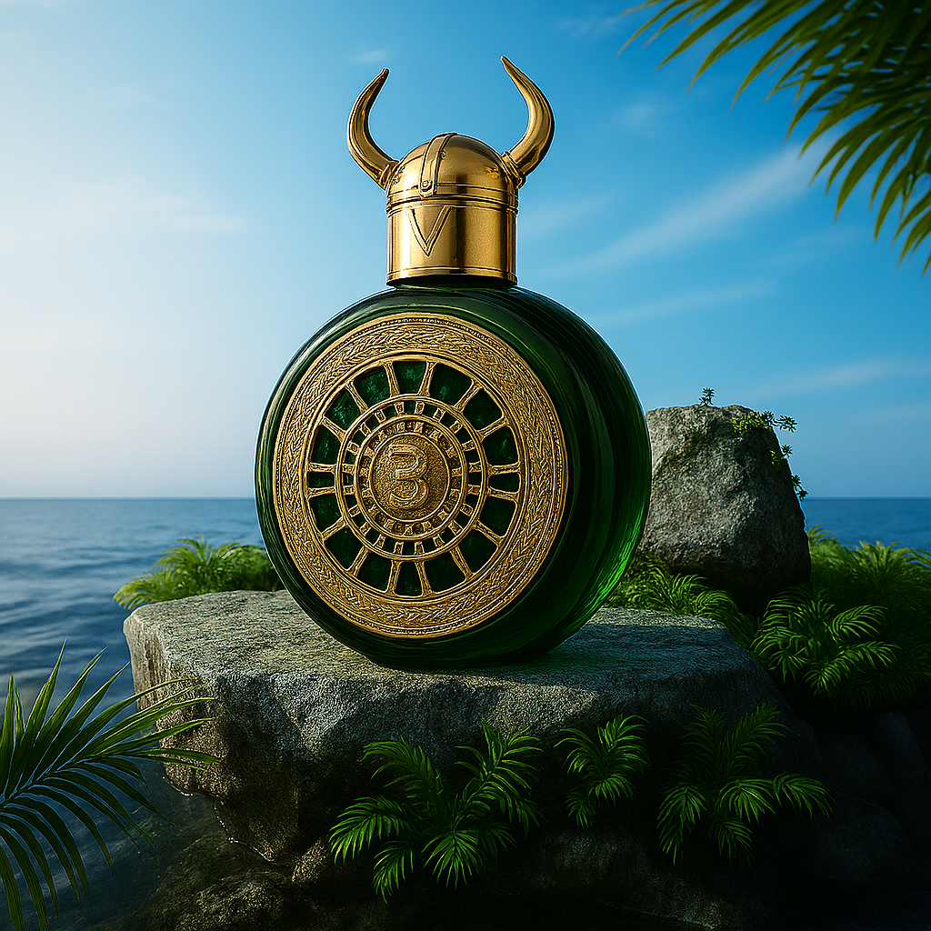 Green and gold Viking-themed bottle and box of Valhalla Forge EDP – bold, legacy-driven design for masculine fragrance lovers.


