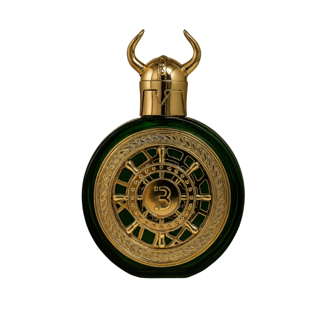 Valhalla Forge Eau de Parfum in a horned Viking relic-inspired bottle – bold, masculine fragrance design by Fragrance Emporium.


