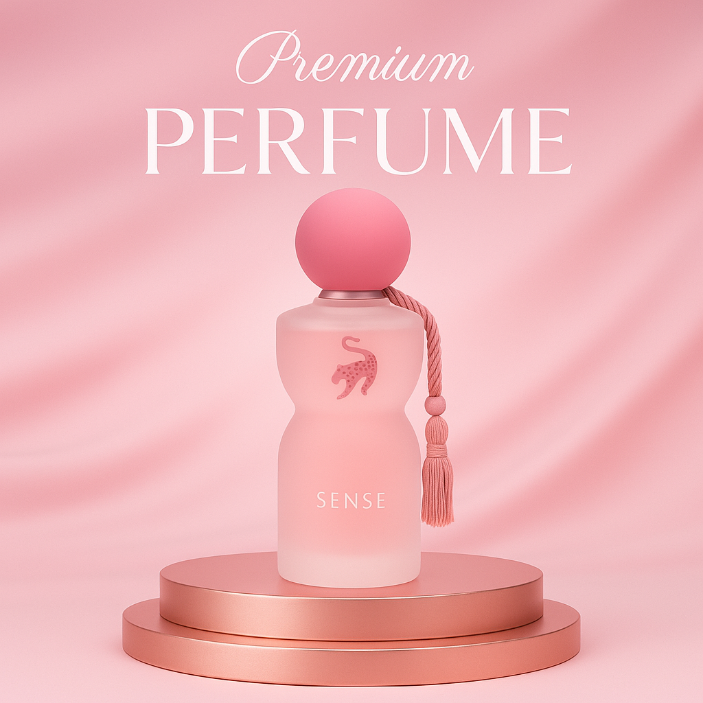 Velour Rose Arabian Nightfall EDP bottle by Fragrance Emporium placed on a pink podium with premium branding and soft lighting

