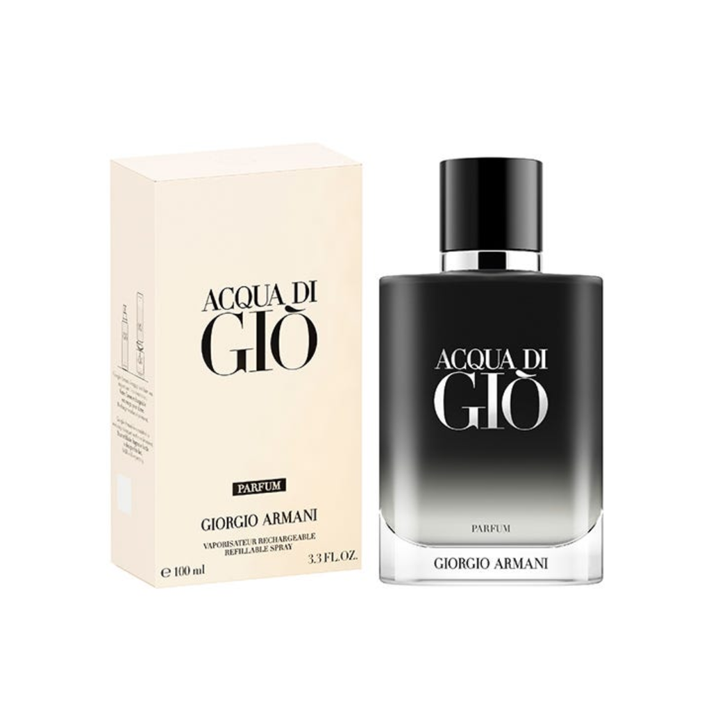 Giorgio Armani Acqua di Giò Parfum EDP 100 ml perfume bottle beside its elegant beige and black box. A deep marine-woody scent with bergamot, rosemary, geranium and olibanum, blending freshness with depth. Premium authentic fragrance from Fragrance Emporium.