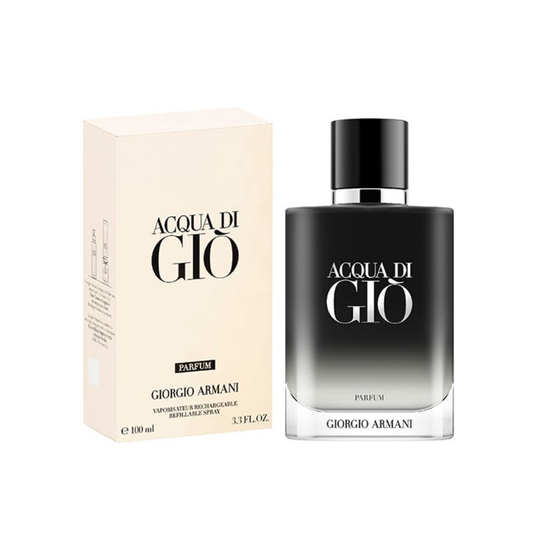 Giorgio Armani Acqua di Giò Parfum EDP 100 ml perfume bottle beside its elegant beige and black box. A deep marine-woody scent with bergamot, rosemary, geranium and olibanum, blending freshness with depth. Premium authentic fragrance from Fragrance Emporium.