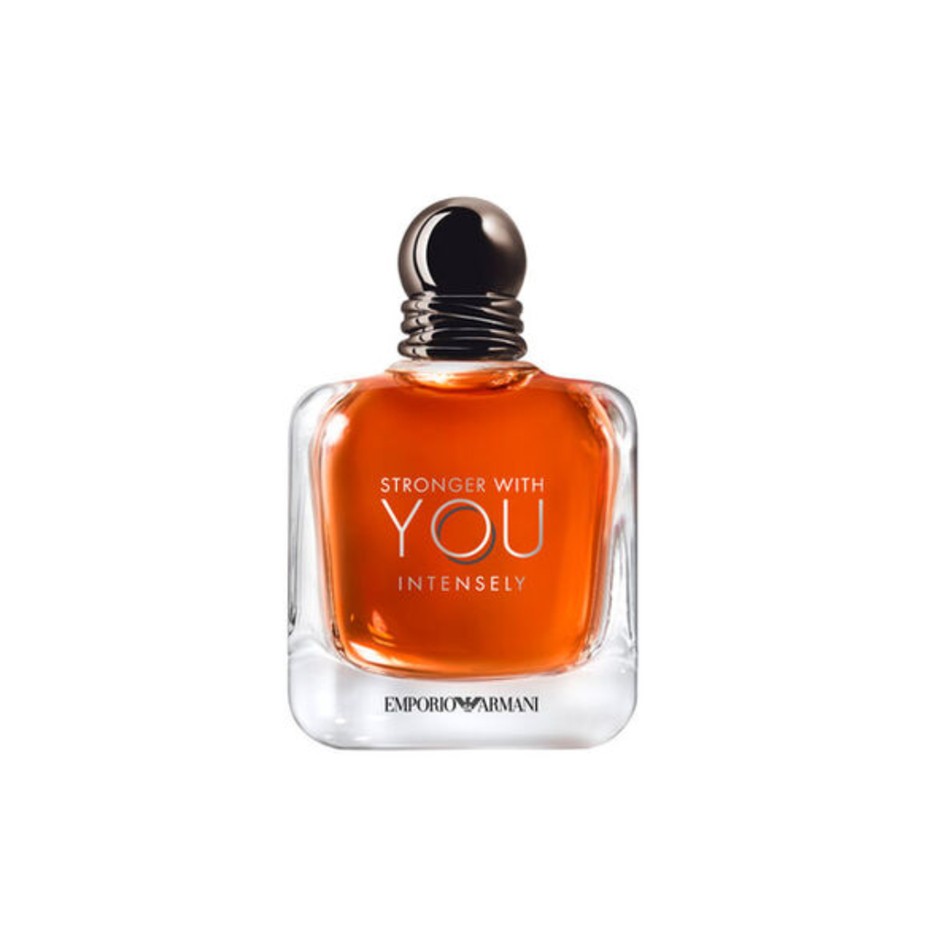 Close-up of Giorgio Armani Stronger With You Intensely Eau de Parfum 100ml bottle. Captured for Fragrance Emporium, showcasing the elegant amber tone and silver cap design. A rich men’s scent blending toffee, cinnamon, vanilla, and suede for irresistible intensity.