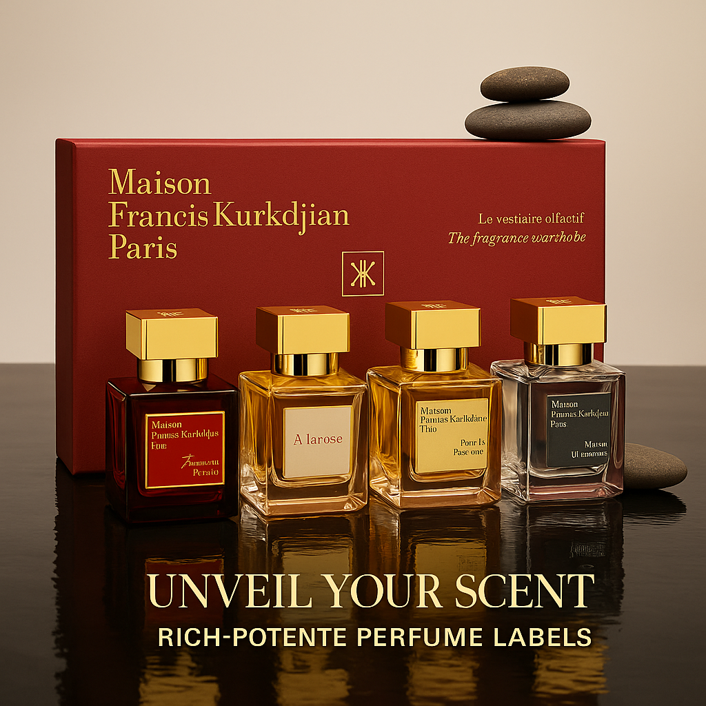 Marketing visual with “Unveil the Scent” tagline showcasing the four fragrances inside the Golden Essence Gift Box – luxurious and timeless.

