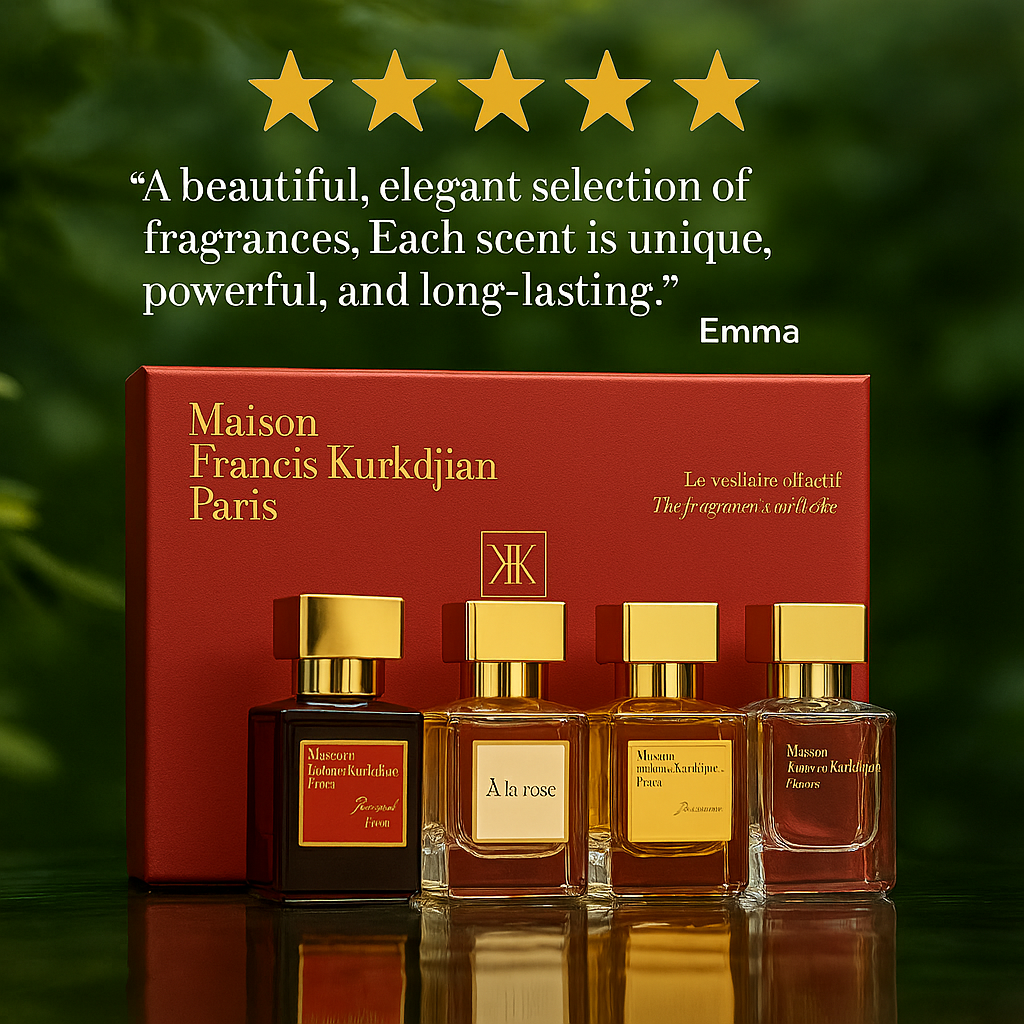Review-based image of Golden Essence Gift Set highlighting five-star customer satisfaction – trusted and elegant perfume set by Fragrance Emporium.


