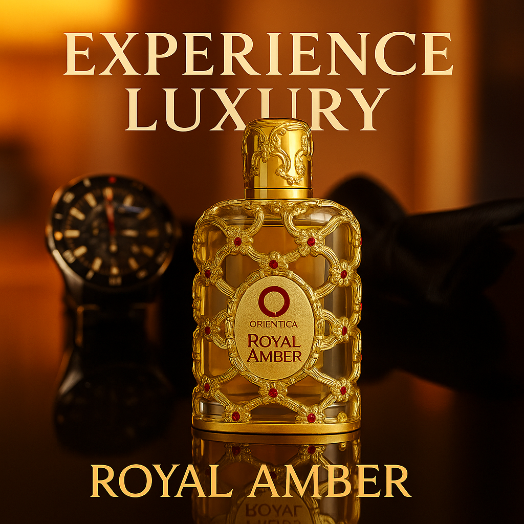 Promotional image of Royal Amber by Fragrance Emporium with “Experience Luxury” text – golden premium branding for refined masculine scent.

