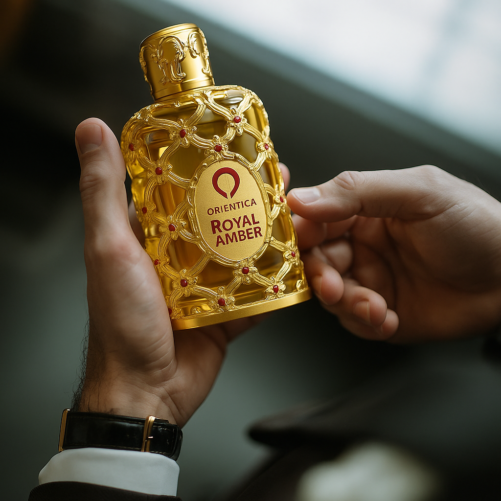 Close-up of man holding Golden Veil Eau de Parfum – Fragrance Emporium’s royal amber scent captured in an authentic, premium lifestyle moment.

