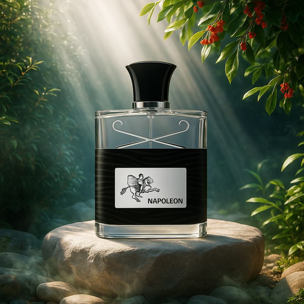 Fragrance Emporium’s Imperial Ride fragrance placed on a rock in natural sunlight, blending bold energy with timeless elegance


