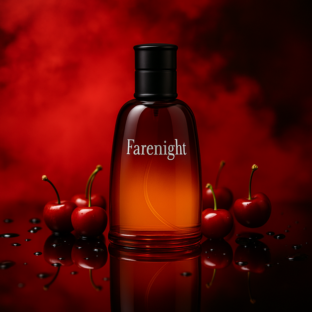 Bold presentation of Inferno Rouge perfume surrounded by cherries, emphasizing its fruity and seductive scent profile

