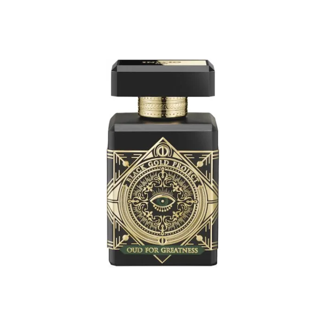 Initio Oud For Greatness EDP 90 ml perfume bottle in black and gold with a mandala-inspired design. A luxurious unisex amber woody scent blending saffron, oud, patchouli, and musk. Available at Fragrance Emporium.

