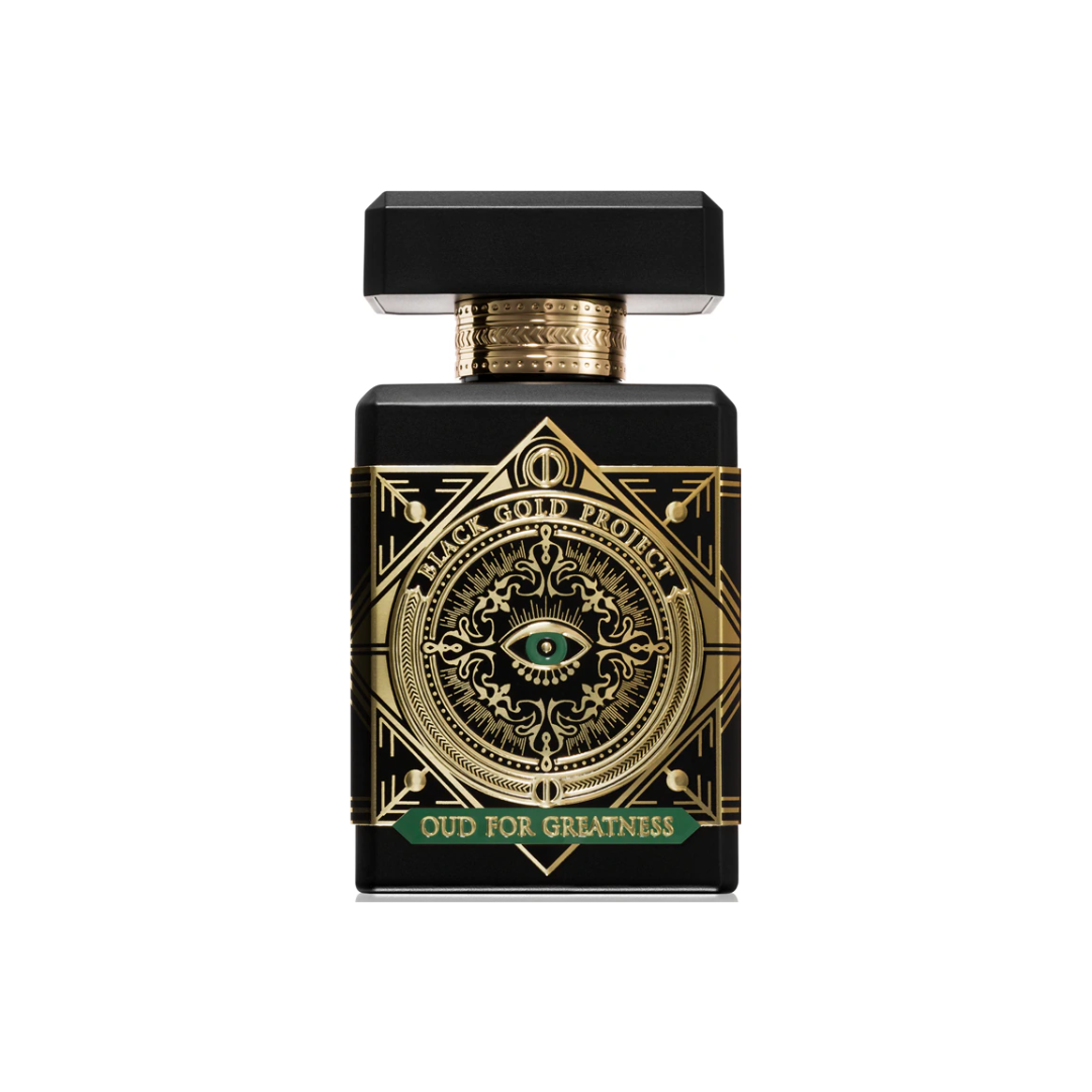 Initio Oud For Happiness Extrait 90 ml perfume bottle in black and gold design. A luxurious unisex oud fragrance with bergamot, ginger, cedarwood, vanilla, and musk. Available at Fragrance Emporium.
