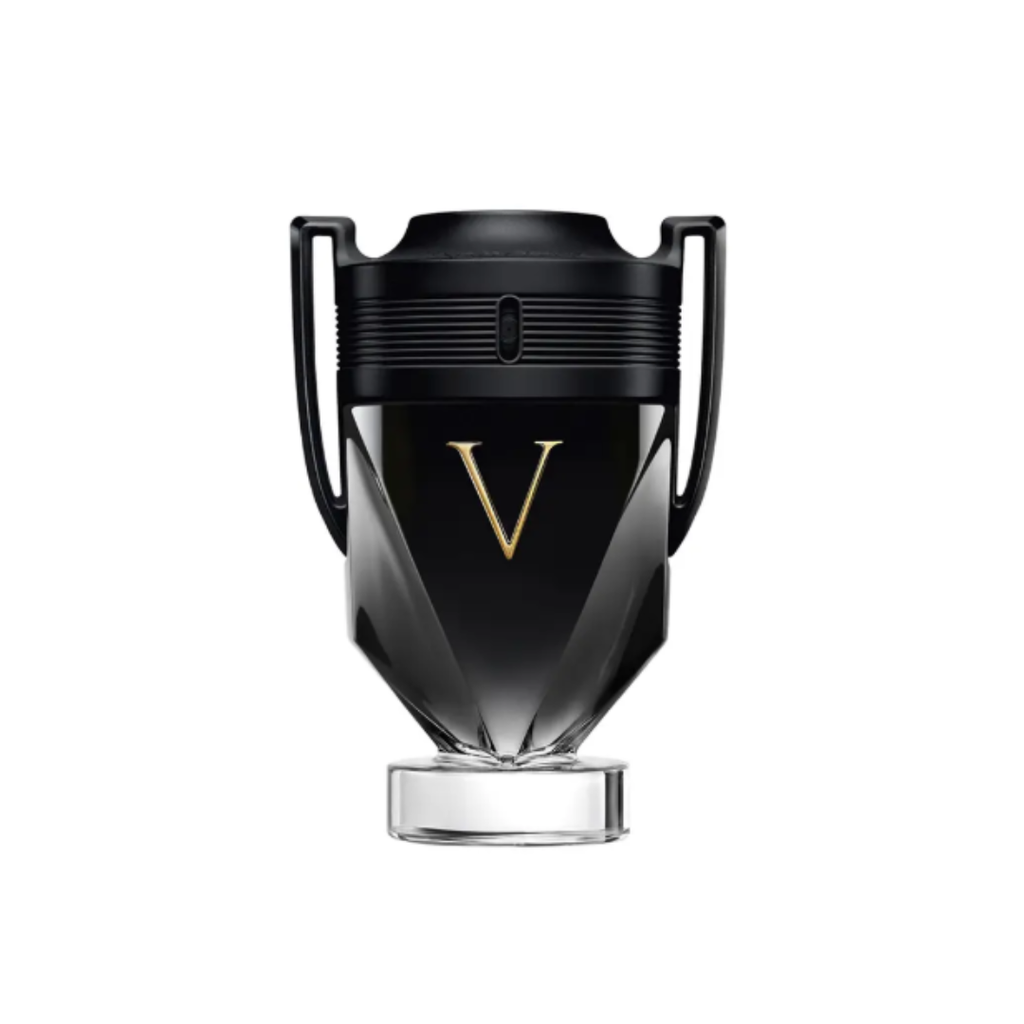Close-up of the Invictus Victory by Paco Rabanne Eau de Parfum 100 ml, featuring its iconic black trophy-shaped bottle with golden “V” detail. The image showcases the fragrance’s bold design and symbolizes victory, power, and masculine sophistication, perfectly reflecting its amber vanilla notes of tonka bean, lemon, and pink pepper.