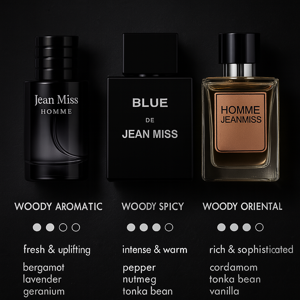Fragrance Emporium Jean Miss Legends perfume set with sleek chart highlighting scent profiles and competitive advantage

