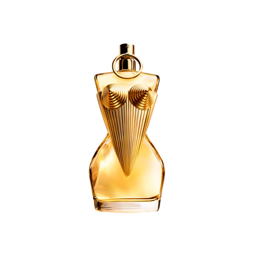 Jean Paul Gaultier Divine EDP 100 ml perfume bottle in sculpted gold corset design. A radiant floral Eau de Parfum with white flowers, sea salt, and whipped cream, symbolizing femininity and elegance. Captured in a high-quality image from Fragrance Emporium.