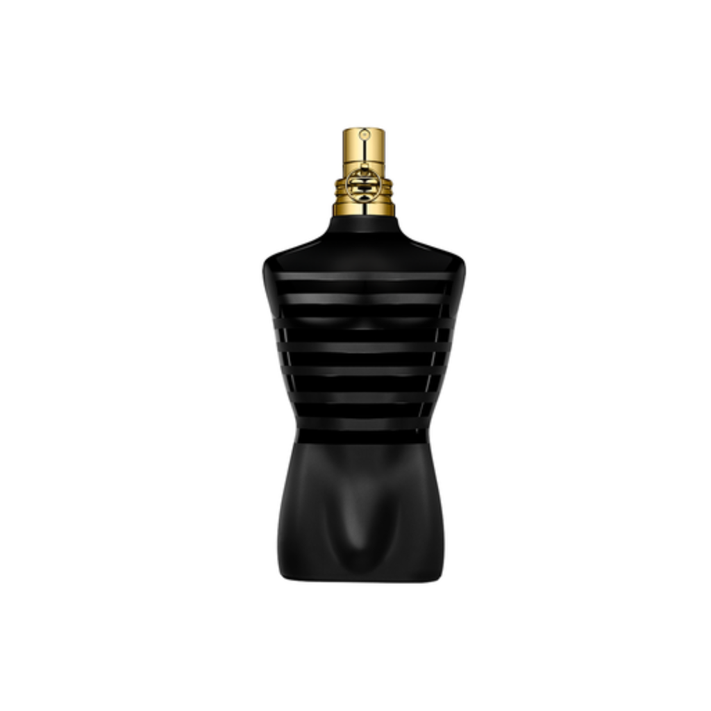 Sophisticated front view of Jean Paul Gaultier Le Male Eau de Parfum 100 ml, featuring its signature black torso bottle. A bold oriental fragrance blending vanilla and amber for a sensual, long-lasting scent that defines masculine confidence and allure.