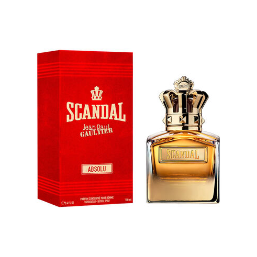 Premium display of Jean Paul Gaultier Scandal Pour Homme Absolu Eau de Parfum 100 ml alongside its striking red box. This image captures the fragrance’s bold and elegant presentation, blending notes of mirabelle, chestnut, and sandalwood to create a warm, addictive scent for confident men.