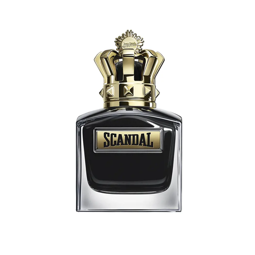 Close-up of Jean Paul Gaultier Scandal Pour Homme Le Parfum EDP Intense 100 ml in its striking black and gold bottle. The crown-shaped cap evokes royal power and sophistication, reflecting the fragrance’s woody amber depth with geranium, tonka bean, and sandalwood. A symbol of masculine confidence and refined sensuality.
