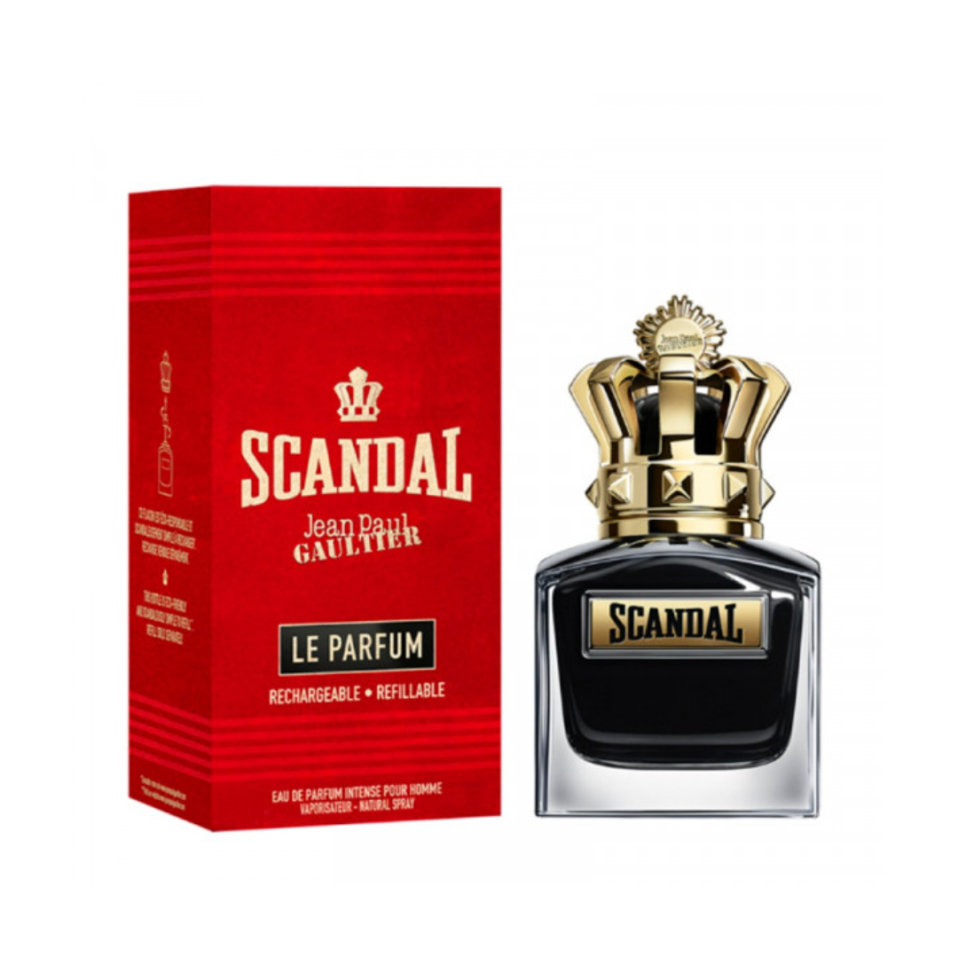 Elegant presentation of Jean Paul Gaultier Scandal Pour Homme Le Parfum EDP Intense 100 ml beside its deep red box. The image highlights the luxurious design and bold personality of this woody amber fragrance, blending notes of geranium, tonka bean, and sandalwood for a powerful, addictive scent.