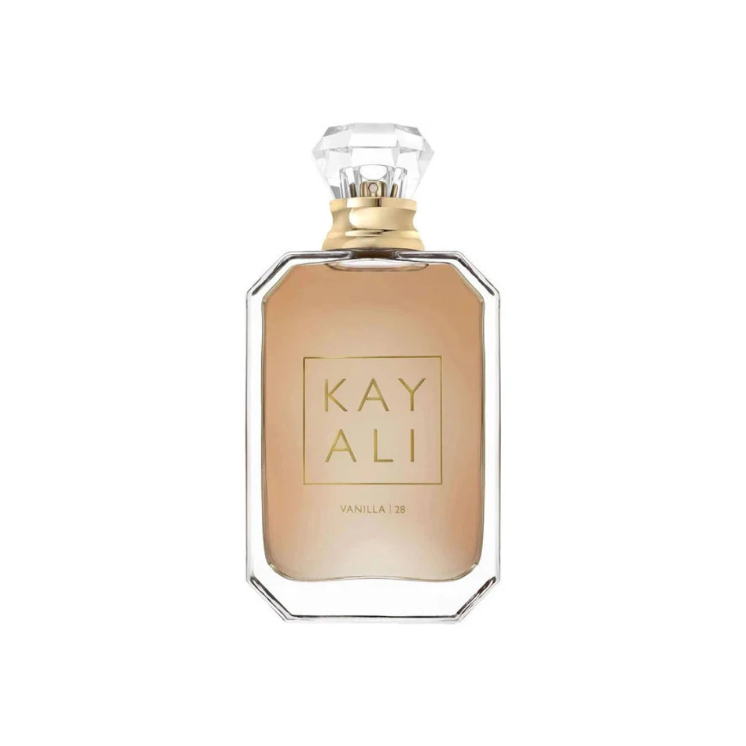 Elegant image of Kayali Vanilla 28 EDP 100 ml perfume bottle in golden beige glass with a crystal cap. A warm, indulgent vanilla fragrance blending jasmine, brown sugar, tonka bean, amber, and musk. Sophisticated, feminine, and timeless. Available at Fragrance Emporium.