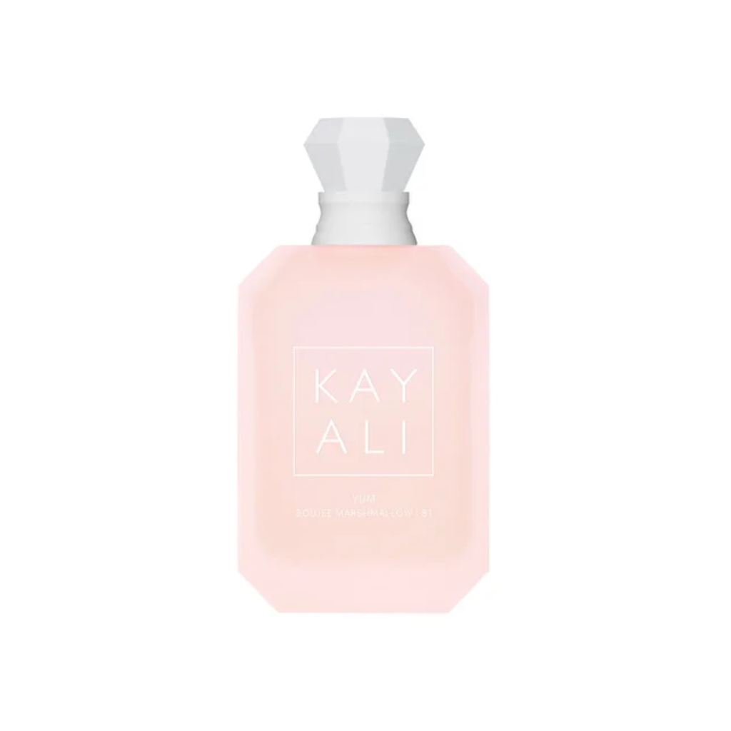 High-quality image of Kayali Yum Boujee Marshmallow 81 EDP 100 ml perfume bottle in soft pink glass with a crystal cap. A creamy, fruity gourmand fragrance with marshmallow, freesia, strawberry, and whipped cream. A playful yet luxurious scent from Fragrance Emporium.