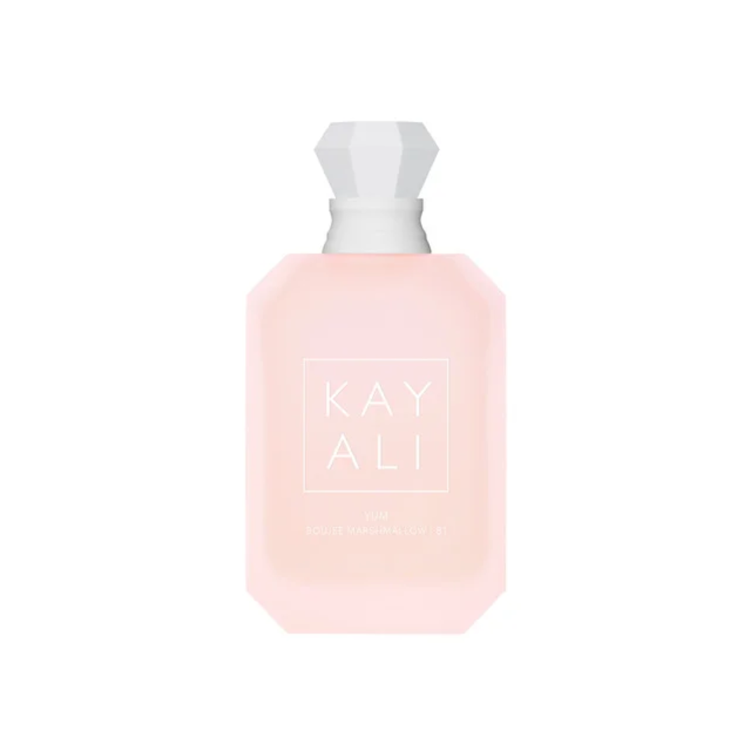 High-quality image of Kayali Yum Boujee Marshmallow 81 EDP 100 ml perfume bottle in soft pink glass with a crystal cap. A creamy, fruity gourmand fragrance with marshmallow, freesia, strawberry, and whipped cream. A playful yet luxurious scent from Fragrance Emporium.