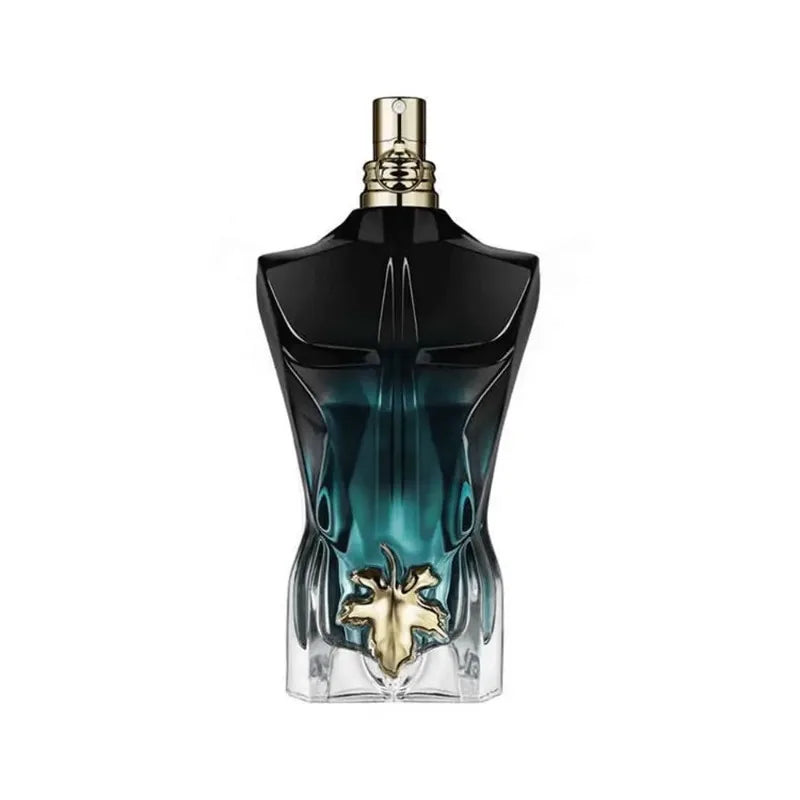 Jean Paul Gaultier Le Beau Le Parfum Eau de Parfum – iconic black and green bust-shaped bottle with golden fig leaf, premium men’s fragrance photography.
