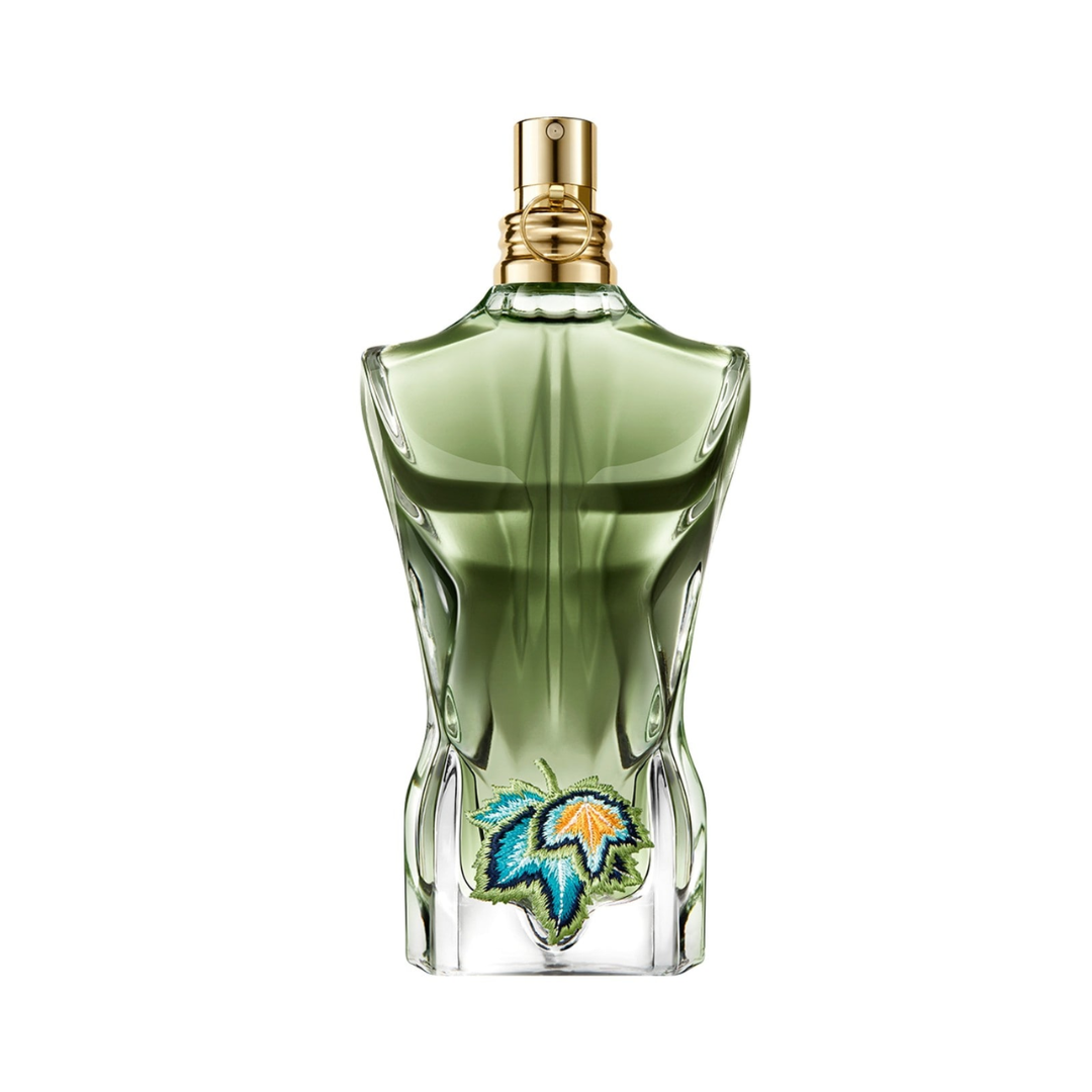 Jean Paul Gaultier Le Beau Paradise Garden Eau de Parfum 125ml – green bust-shaped bottle with golden details, premium men’s fragrance photography.