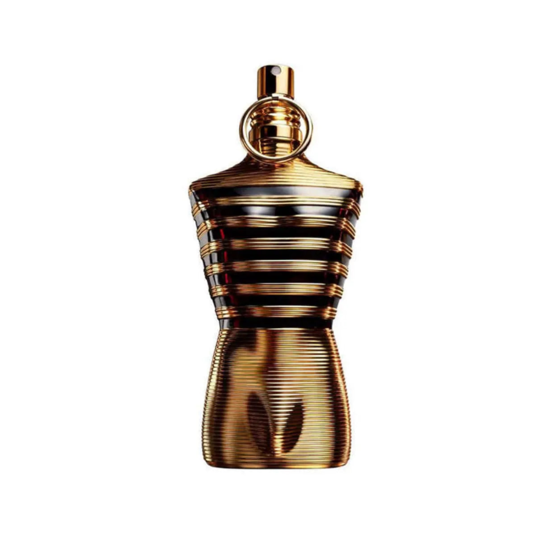 Jean Paul Gaultier Le Male Elixir Eau de Parfum – iconic golden striped bust-shaped bottle, premium men’s fragrance photography for Fragrance Emporium.